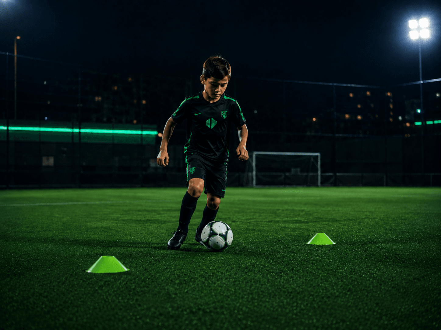 Criança conduzindo a bola entre dois cones, em março
