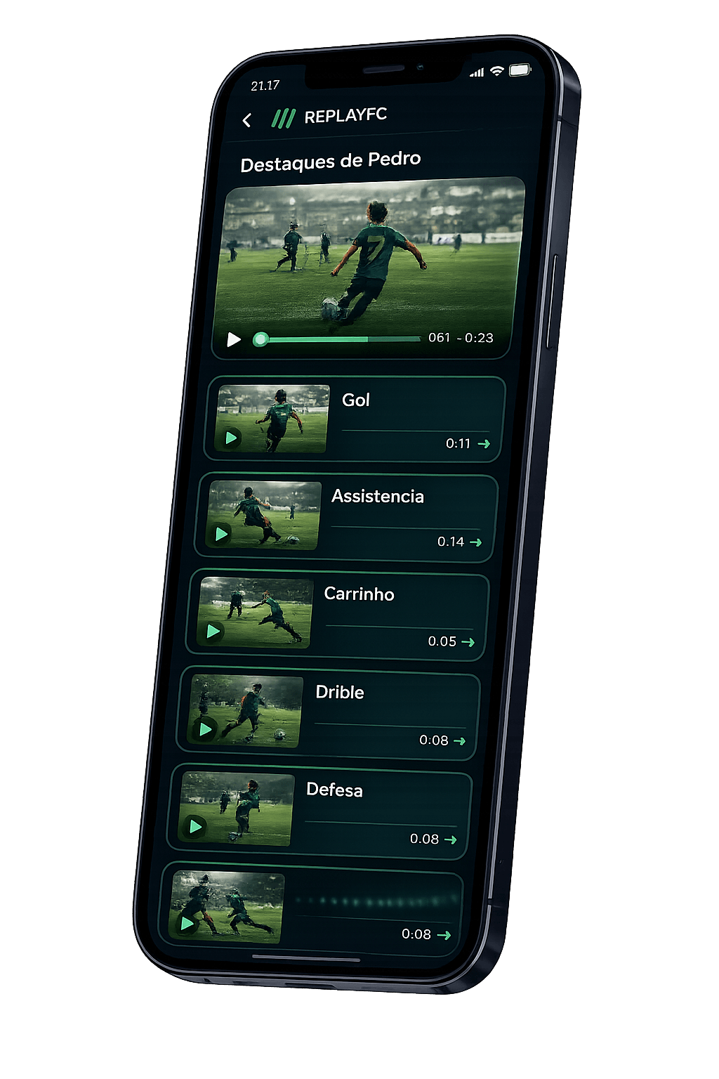 Tela do aplicativo com a lista de melhores lances do atleta