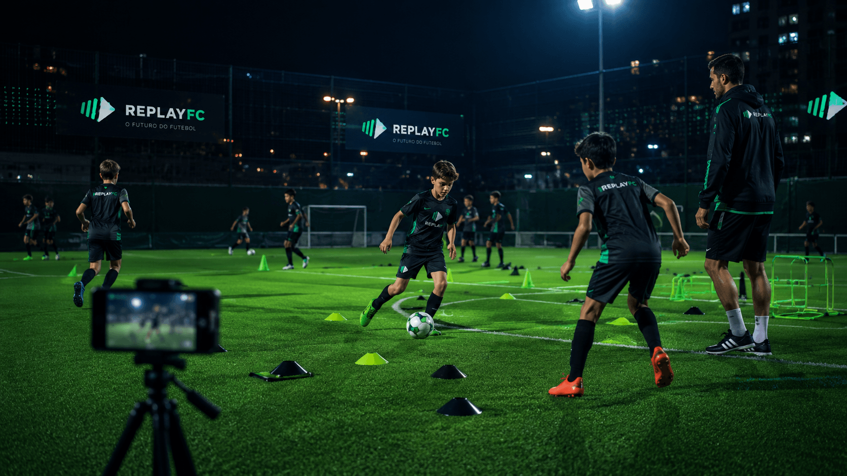 Treino noturno com cones, crianças e um celular no tripé gravando